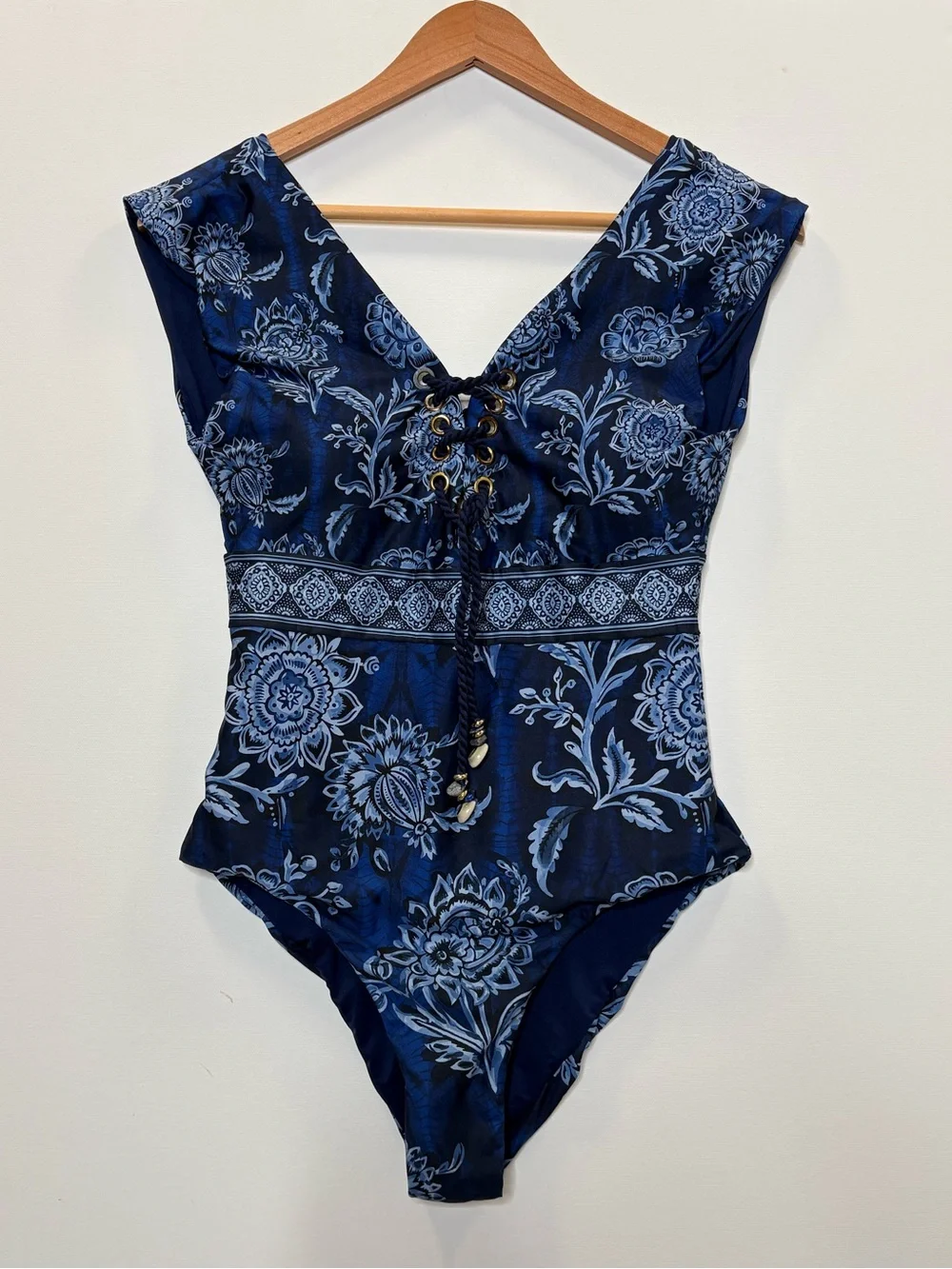 Cosita Linda Floral Paisley One Piece Swimsuit Womens Size Large 36 Blue Lace Up